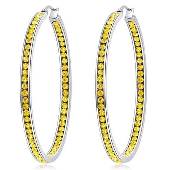 14K White Gold with Yellow Citrine Cubic Zirconia Big Hoop Latch Back Earrings - Picture 1 of 6